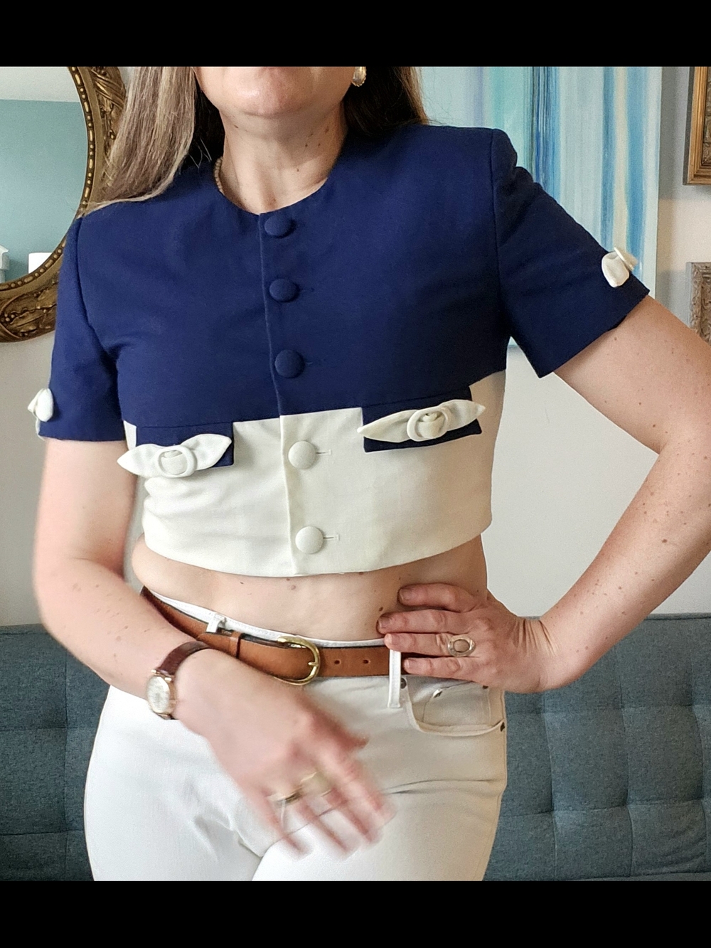 Vintage 80s Navy & Cream Cropped Button-Front Top